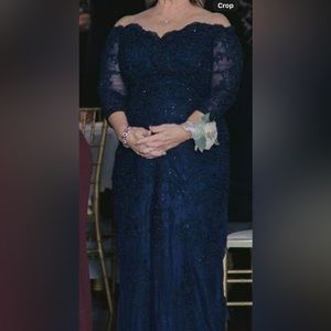 MOB- Mother of Bride, navy Blue beaded lace formal gown